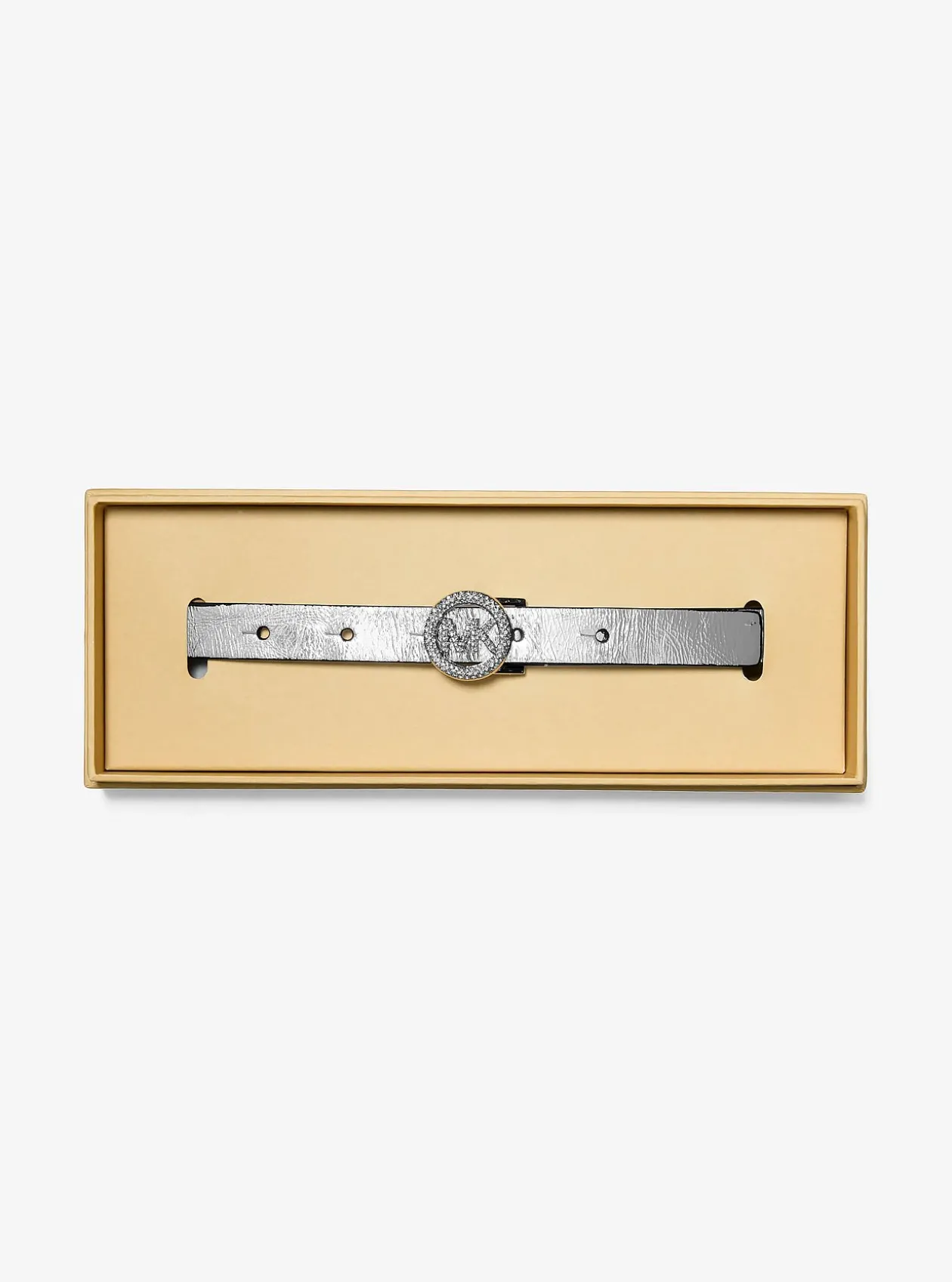 Ceinture en cuir métallisé avec logo et pierres pavées