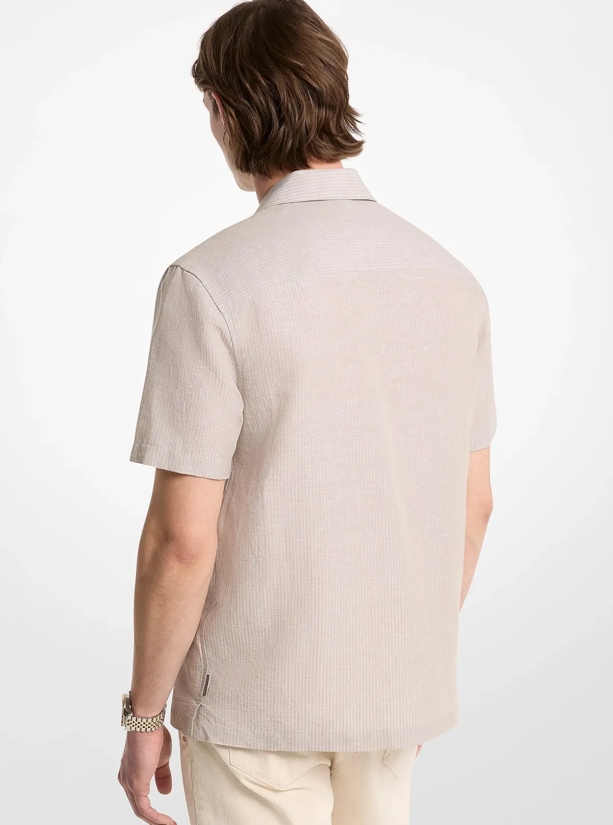 Chemise rayée en coton et lin à col cubain