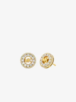 Clous d'oreilles breloque logo Fulton plaqués en métal précieux avec pierres pavées