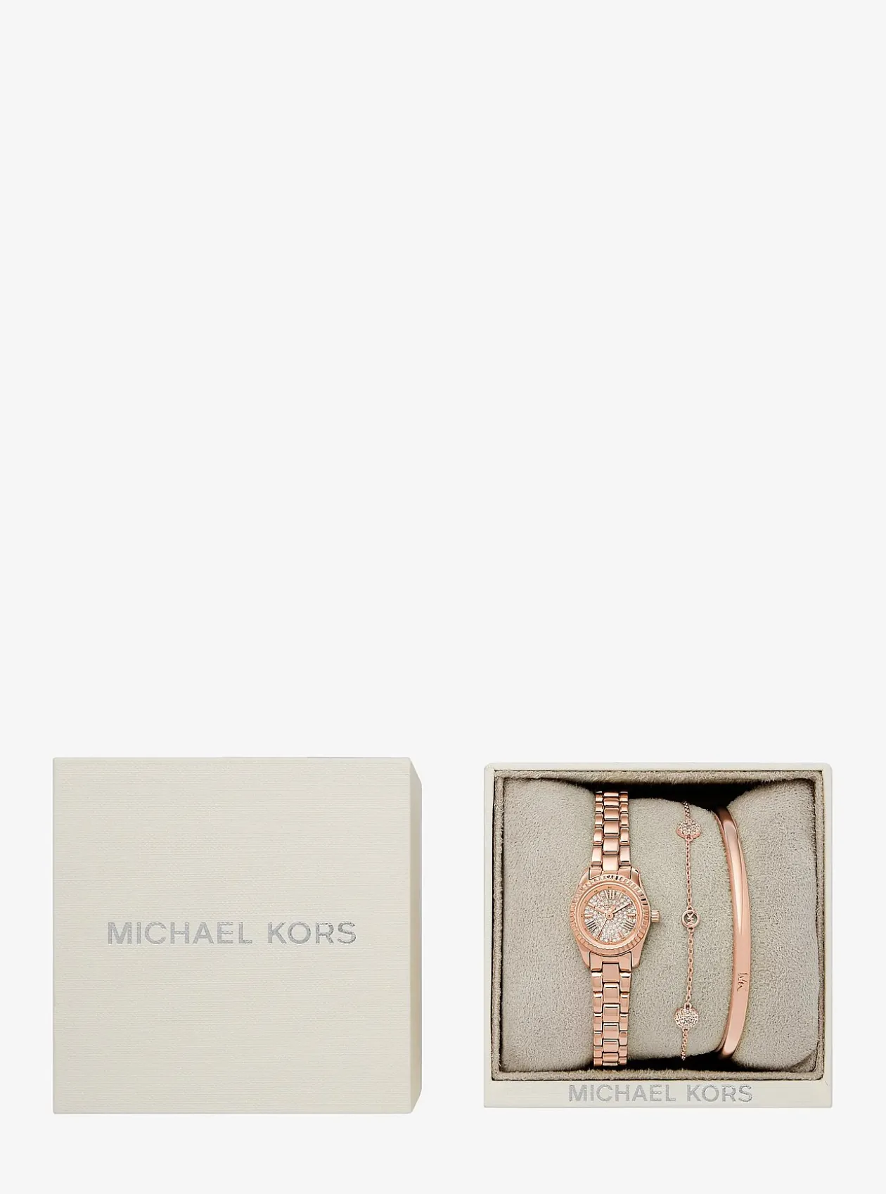 Coffret cadeau avec petite montre Lexington ton or rose à pierres pavées et bijoux