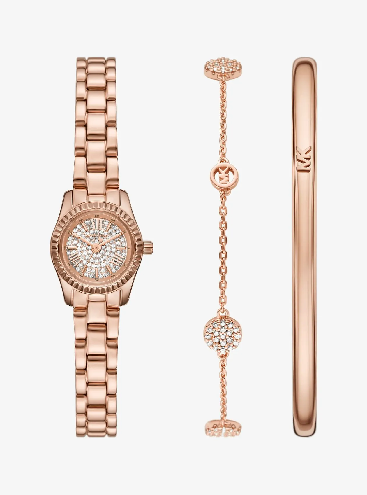 Coffret cadeau avec petite montre Lexington ton or rose à pierres pavées et bijoux