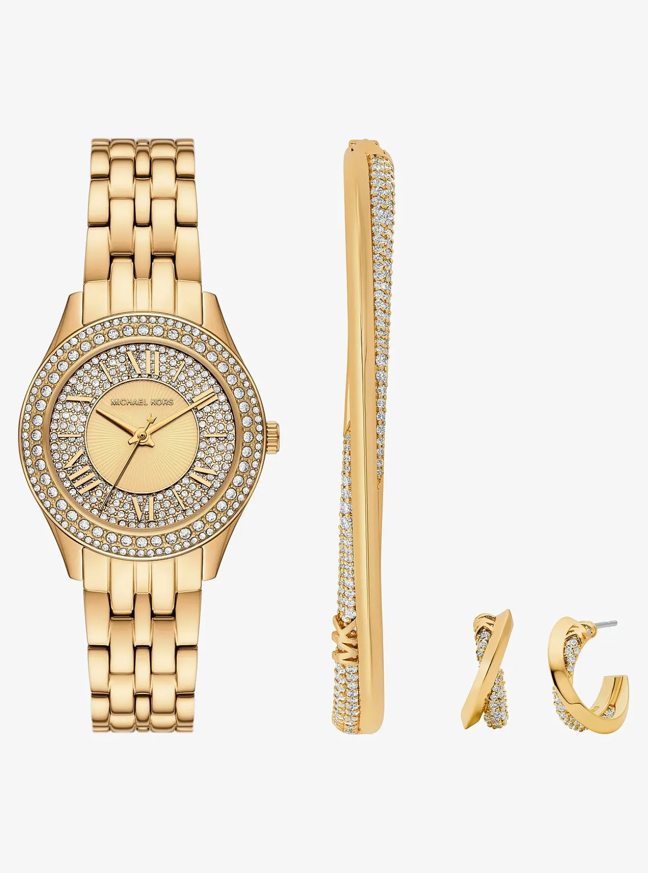 Coffret mini montre Harlowe dorée à pierres pavées et bijoux
