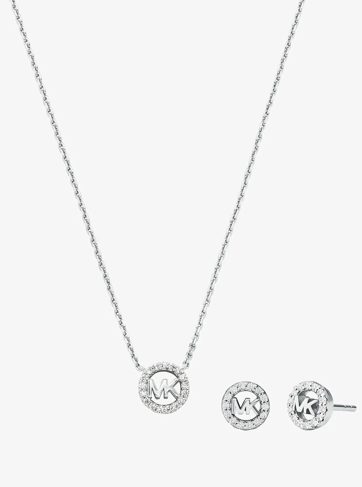 Collier et boucles d'oreilles Fulton en argent sterling plaqué en métal précieux avec pierres pavées et breloque à logo
