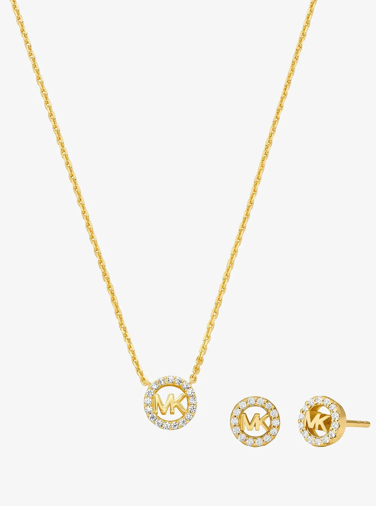 Collier et boucles d'oreilles Fulton en argent sterling plaqué en métal précieux avec pierres pavées et breloque à logo