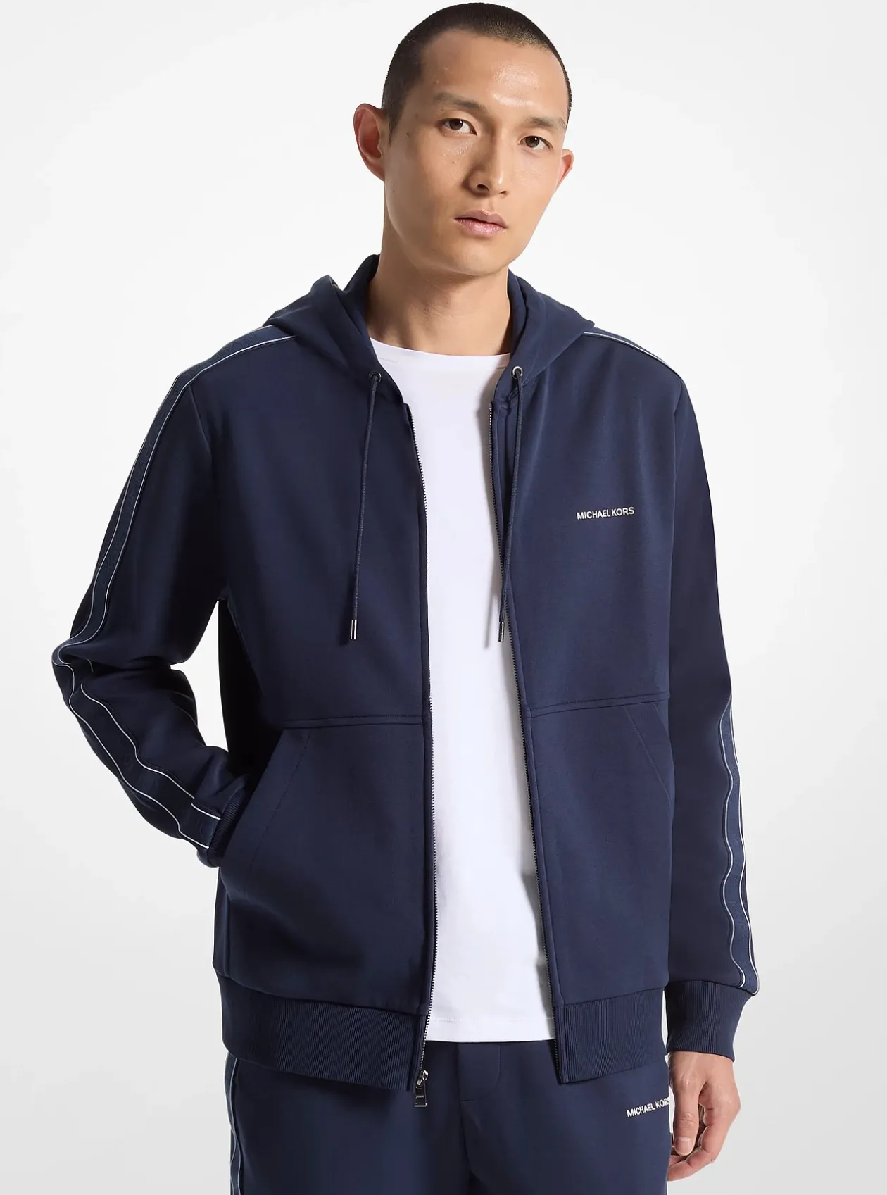 Pull à capuche en mélange de coton avec bande à logos et fermeture zippée