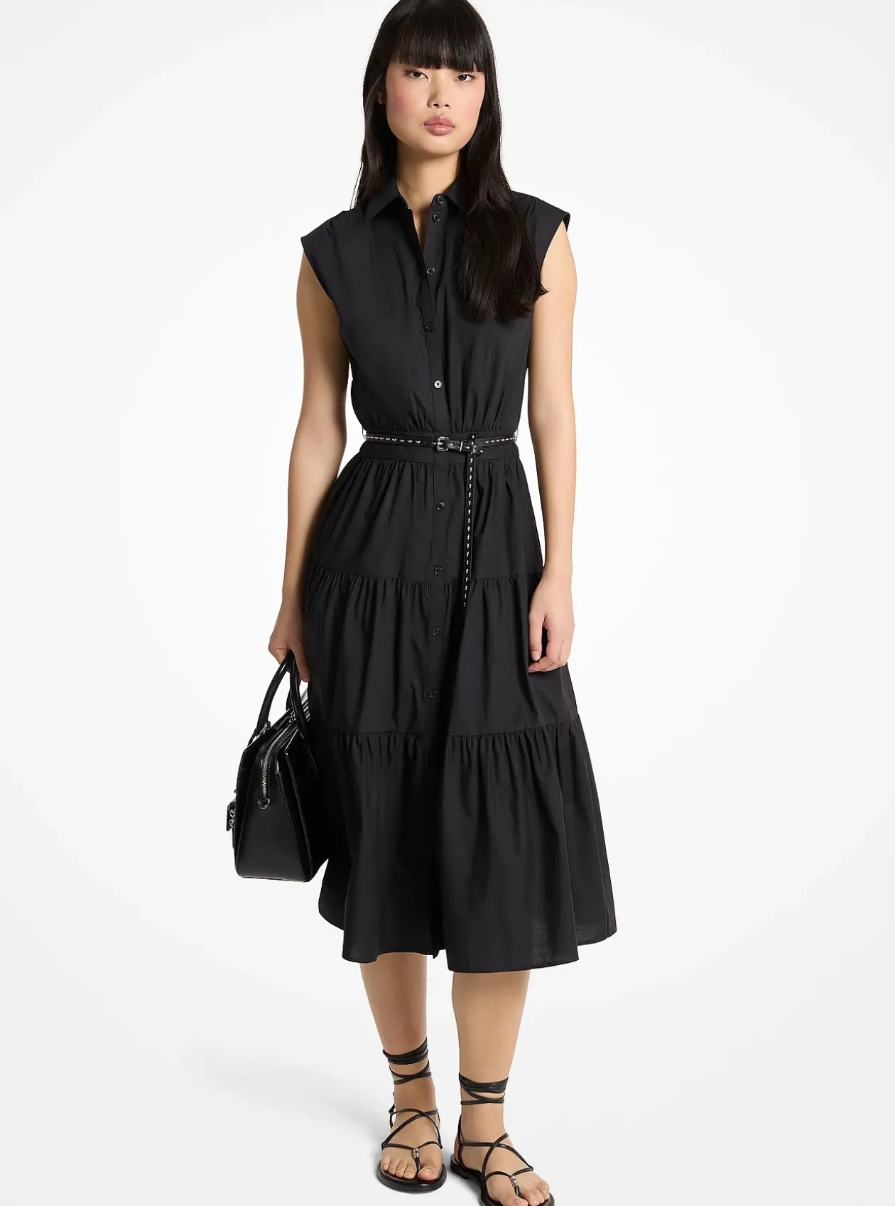 Robe chemise sans manches en popeline de coton avec ceinture