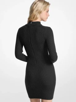 Robe côtelée à col cheminée en laine extensible