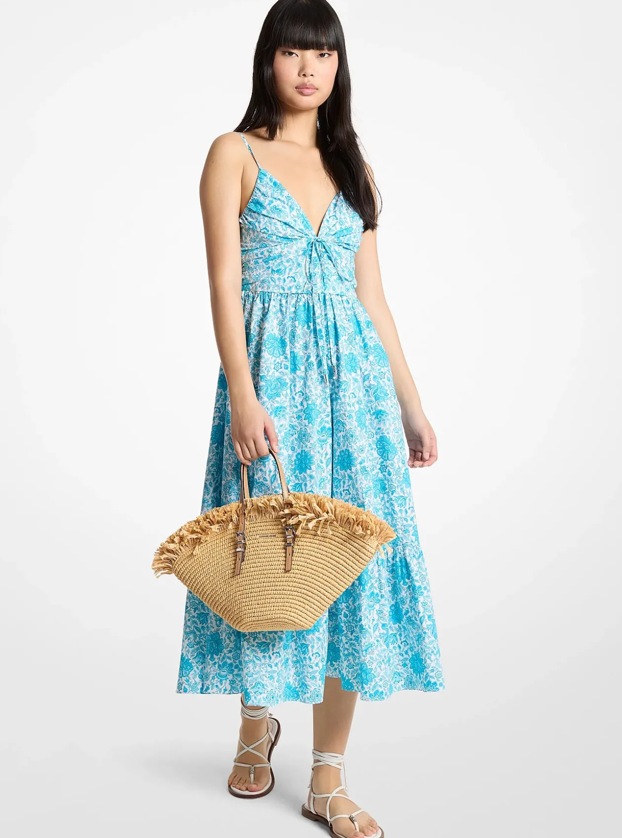 Robe mi-longue en popeline de coton à imprimé floral