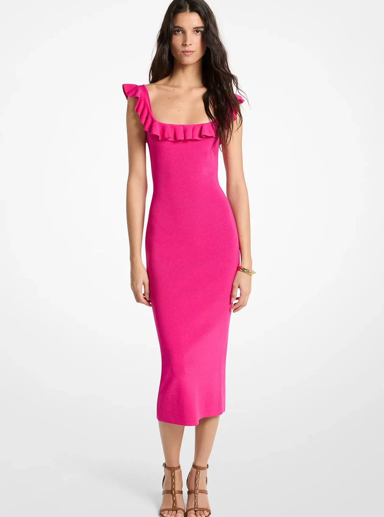 Robe mi-longue en viscose extensible à volants